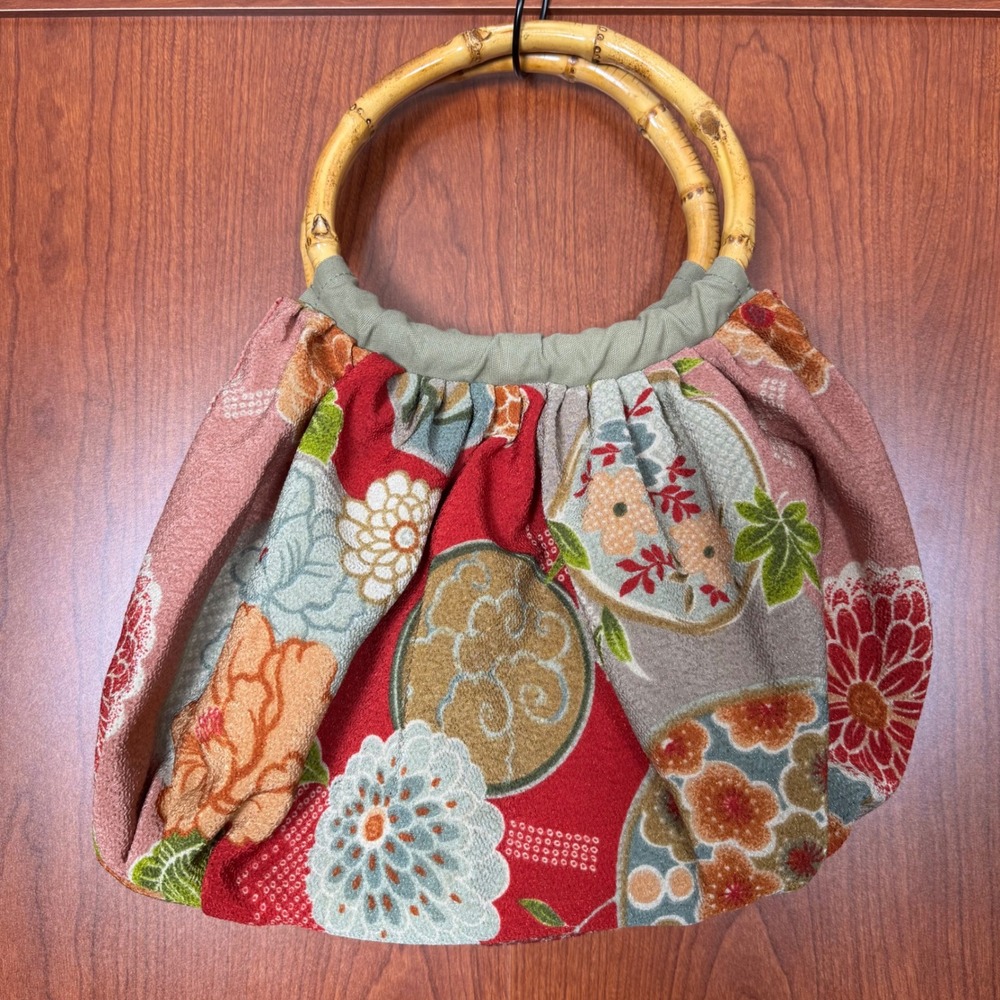 J Jill Vintage Style Floral Pleated Handbag w/Bamboo Ring Handles Boho Whimsical - Picture 2 of 16